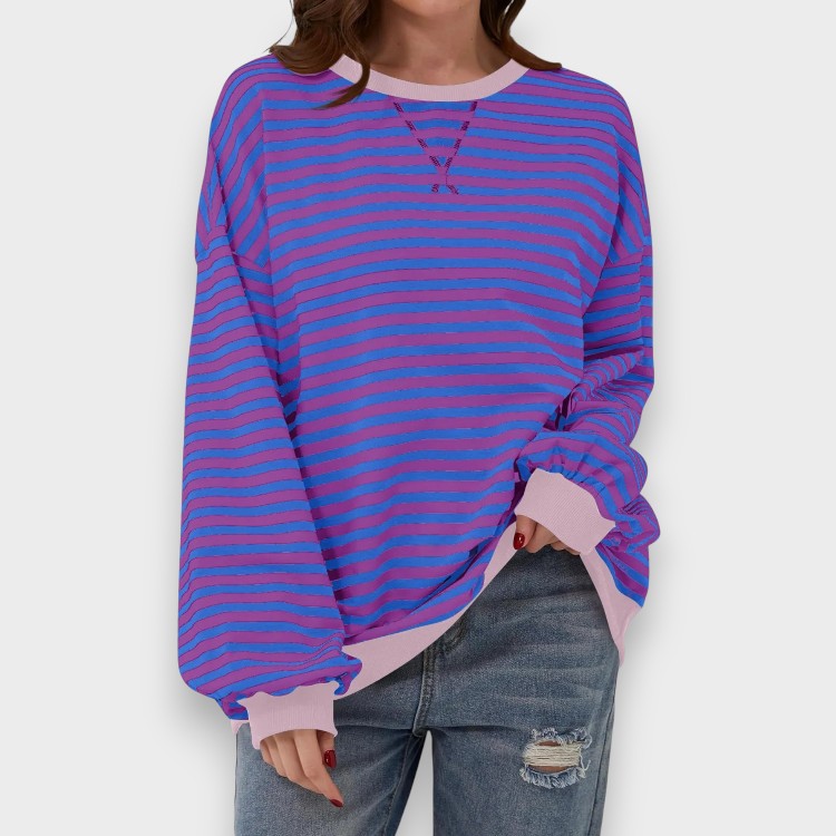 Alma | Sweatshirt Casual de Manga Longa com Decote Redondo e Padrão de Risca