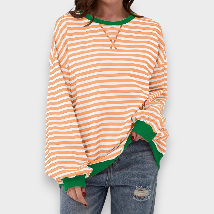 Alma | Sweatshirt Casual de Manga Longa com Decote Redondo e Padrão de Risca